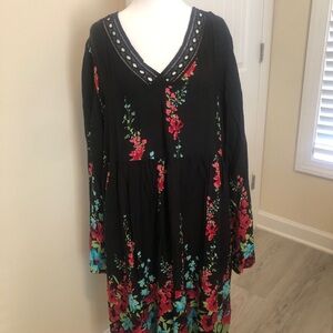 Suzanne Betro Black Dress with Red and Blue Floral Design